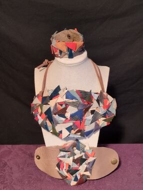 Artisan Handmade Patchwork Leather Necklace and 2 Bracelets Set Multicolored